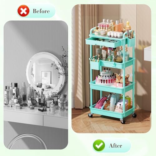 SUNALLY Makeup Cart Organizer with Drawer, 4 Tier Rolling Makeup Cart, Blue - Image 5
