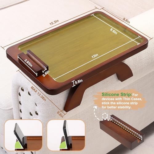 SINWANT Couch Arm Tray with 360° Rotating Phone Holder,Bamboo 15.35"x9.85" Folding Wide Sofa Arm Tray,Anti Slip Clip on Side Table Couch Armrest for Snacks,Drinks,Remotes - Image 4