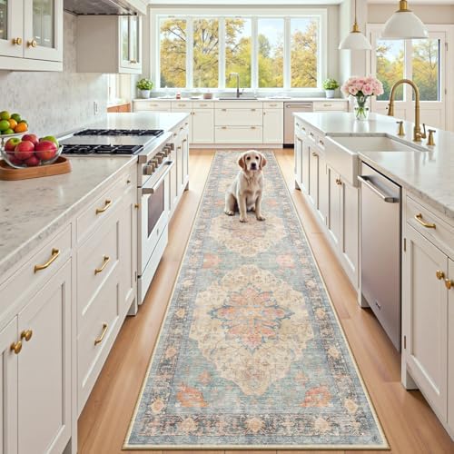 RELEANY Washable Area Rug, Runner 2'x10', Blue/Orange/Red by RELEANY