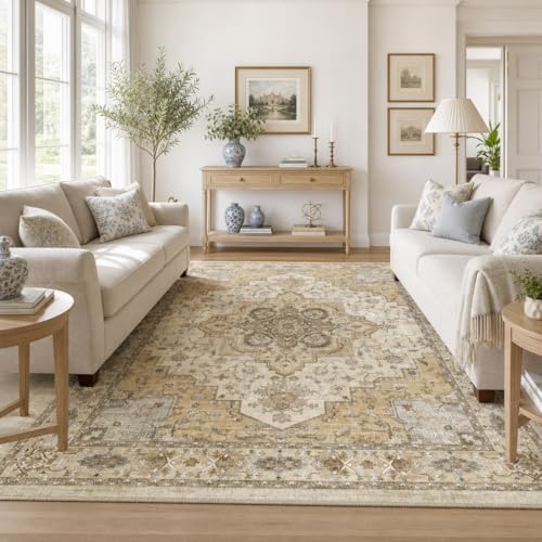AMADA HOMEFURNISHING 9x12 Area Rug for Living Room,Vintage Washable Area Rug Low-Pile & Non-Slip Carpet for Bedroom Dining Room Nursery Home Office, Beige/Cream - Image 6