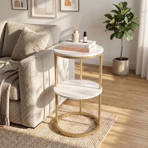 C Shaped end Table,2 Tier Wood Round Side Table for Couch,Small Sofa Table with Metal Frame for Bedroom,Living Room,Bedside,Gold(11.8" D x 11.8" W x 22.9" H) - Image 2