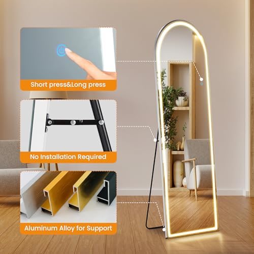 LED Arched Full Length Mirror, 60"L x 16"W Full Body Standing Mirror - Image 4