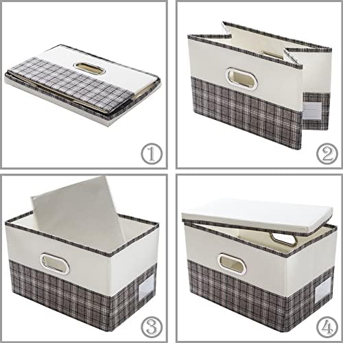 PRANDOM Collapsible Storage Bin with Lid [3-Pack] Fabric Foldable Storage Box Organizer Container Basket Cube with Cover for Home Bedroom Closet Office Nursery Gray plaid & Cream(14.9x9.8x9.8) - Image 4
