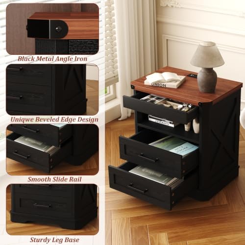 Yusong Farmhouse Night Stand with Gun Drawer & Invisible Lock, Rustic Wooden Night Stand with Charging Station, Beside Table with Drawers and Open Storage, End Tables for Bedroom, Black - Image 6