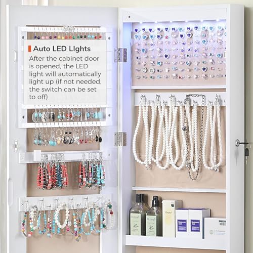 GISSAR Full Length Mirror Jewelry Cabinet, 6 LEDs Jewelry Armoire Wall Mounted Over The Door Hanging, Jewelry Organizer Storage with Lights Lockable, White Surface with Beige Lining, 14.6" x 47.2" - Image 7
