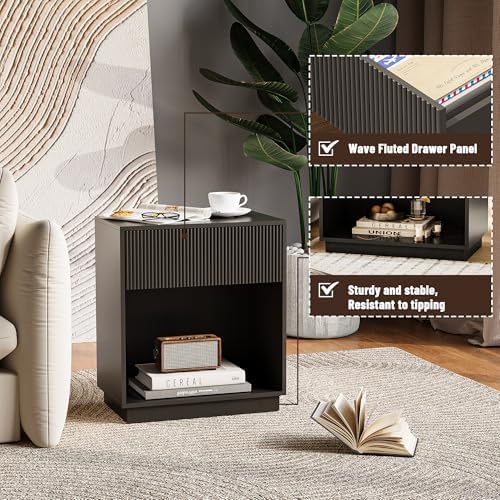Fluted Nightstands Set of 2, Modern Bedside Table with Drawer and Storage Shelf, Wood End Table Mid Century Night Stands for Bedroom Living Room Sofa Couch Office (Black) - Image 4
