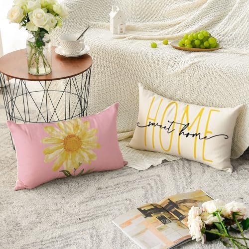 AVOIN colorlife Home Sweet Home Spring Summer Flowers Pink Throw Pillow Covers, 12 x 20 Inch White Cushion Case for Sofa Couch Set of 4 - Image 4