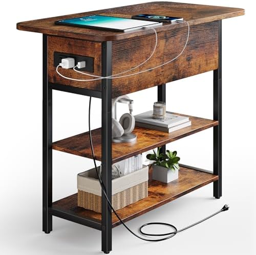 Yoobure End Table with Charging Station, Flip Top Side Table with USB Ports and Outlets, Sofa Couch Table Bedside Table for Living Room Bedroom, Narrow Nightstand with Storage Shelves for Small Space by Yoobure