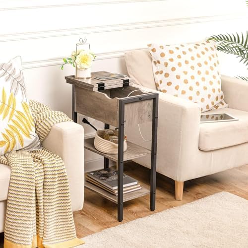 HOOBRO Side Table, Flip End Table with Charging Station and Shelves, USB Ports & Power Outlets, Narrow Nightstand for Small Spaces, Living Room, Stable and Sturdy, Greige and Black BG341BZ01 - Image 2