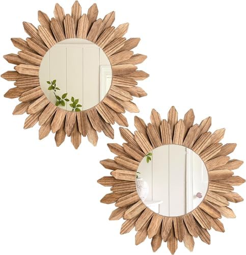 LOSOUR 2 Pack Boho Wall Decor Sunburst Mirror 12 inch Rustic Round Wood Mirror Boho Mirror Farmhouse wall Decor for Bedroom Living Room Entryway by LOSOUR