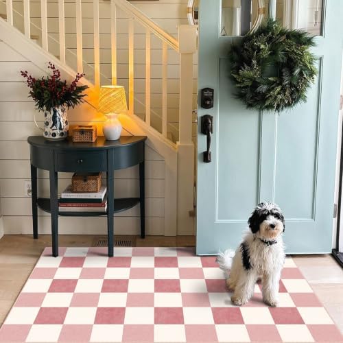 Pink White Checkered Entry Rug - 3x5 Non-Slip Indoor Outdoor Rugs - Image 5