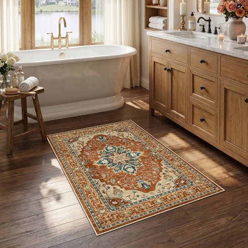 RELEANY Washable Area Rug, Small 2'6"x4', Red/Orange/Blue/Brown by RELEANY