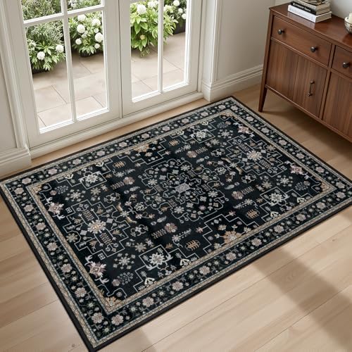 2x3 Area Rugs Living Room: Washable Vintage Rug for Bedroom Black by EXPEDIX