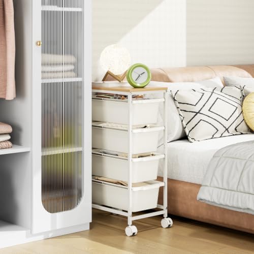 KINGBOARD Slim Rolling Cart with 4 Drawers, Metal Utility Storage Cart | Wooden Tabletop, Lockable Wheels, Table Side Trolley for Bedroom, Children's Room and Office Organization, White - Image 6