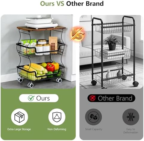 Pantry Floor Organizeron with Wheels, 3 Tier Rolling Fruit Vegetable Basket for Kitchen Stackable Wire Basket Stand for Home Removable Metal Vegetable Rack Wire Snack Cart - Image 6