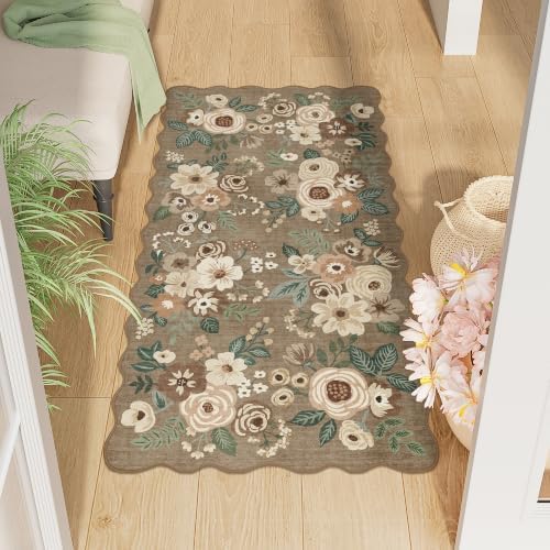 DUKINO 2x4 Rug for Entryway, Floral Washable Kitchen Rugs, Light Taupe by DUKINO