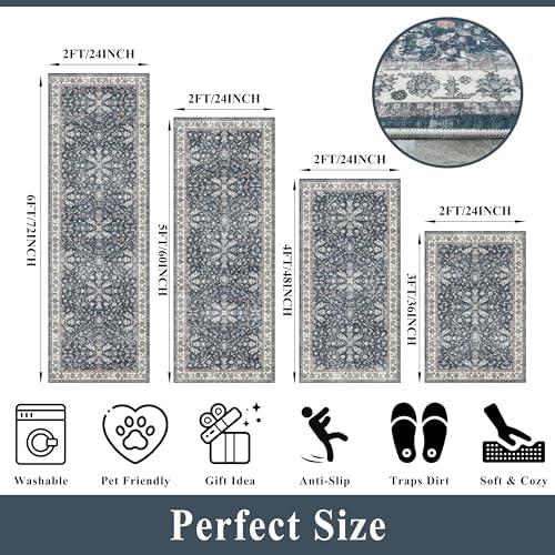 Kitchen Rug Sets 4-Piece with Runner – Washable Non-Slip Floor Mats for Sink, Entryway, Hallway, Bathroom – Soft Low-Pile Thin Boho Floral Rugs, New Home Decor (Blue, 2x3+2x4+2x5+2x6) - Image 2