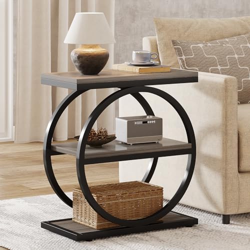Tribesigns End Table, Narrow End Table with 3 Storage Shelves, Wood Side Table with Black Metal Frames, Industrial Small Sofa Side Table for Living Room, Grey Nightstand and Bedside Table for Bedroom by Unknown
