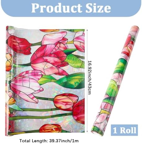 GORGECRAFT 39.4x17 Inch Tulip Privacy Sun Blocking Window Privacy Film Flower Reflective Non-Adhesive Rainbow Reusable Glass Cling UV Resistant Stained Window Glass Decorative 3D Decals for Room - Image 2