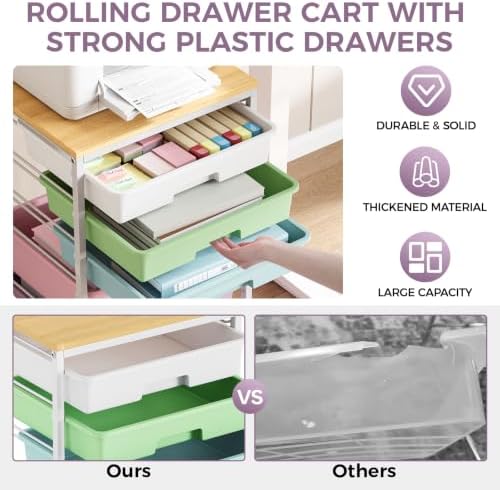 SYKIARIOL 5-Tier Rolling Cart with Drawers with Wooden Top, Ice Cream - Image 4