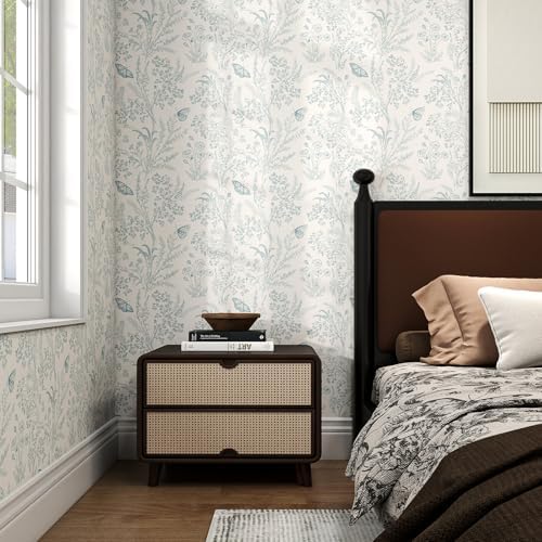 Vinjiasin Blue Floral Wallpaper Vintage Peel and Stick Contact Paper Removable Waterproof Flower Butterfly Wall Paper for Bedroom Living Room Nursery 17.3" x 118" - Image 2