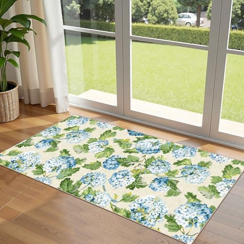 Front Door Mat Indoor Entrance - 2x4.3 Light Blue Green Floral Rug by Othilic