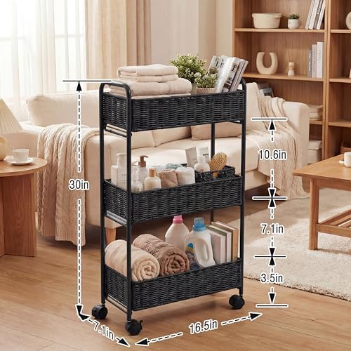 FOCHIER F Utility Slim Storage Cart,3-Tier Rolling Kitchen Office Laundry Room Cart,Mobile Shelving Unit Organizer for Living Room Bathroom Baby Diaper Narrow Places (Black, 3 Tiers-7.1 inch (W)) - Image 4