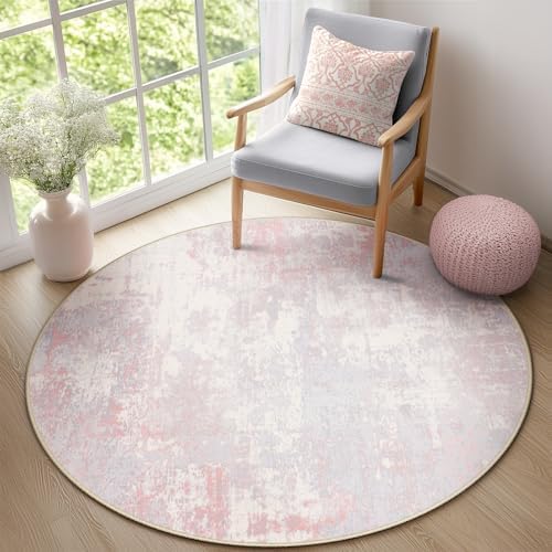 RELEANY Washable Round 8ft Area Rug for Living Room Gray Pink - Image 4