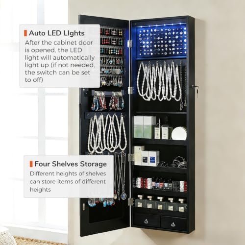 GISSAR Full Length Mirror Jewelry Cabinet, 6 LEDs Jewelry Armoire Wall Mounted Over The Door Hanging, Jewelry Organizer Storage with Lights Lockable, Black, 14.6" x 47.2" - Image 7