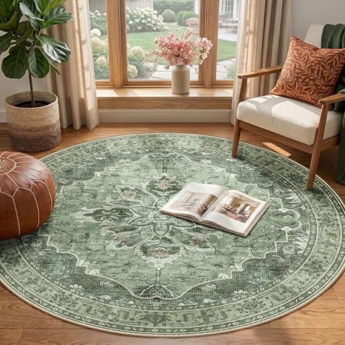 RELEANY Washable Area Rug, Round 4ft, Green/Dark Green/Gray - Image 2