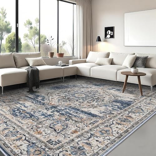 Washable Living Room Area Rug: 8x10 Bedroom Rugs - Farmhouse Distressed Printed Floral Carpet - Foldable Non-Shedding Floor Carpet for Dining Room 8'x10' Blue by YOUFORTONG