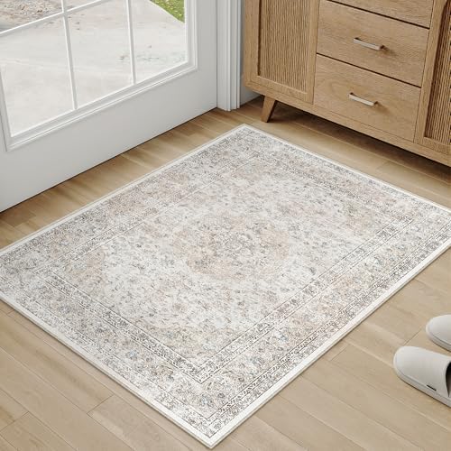 2x3 Washable Area Rug Beige Grey Non Slip Vintage Carpet - Image 3