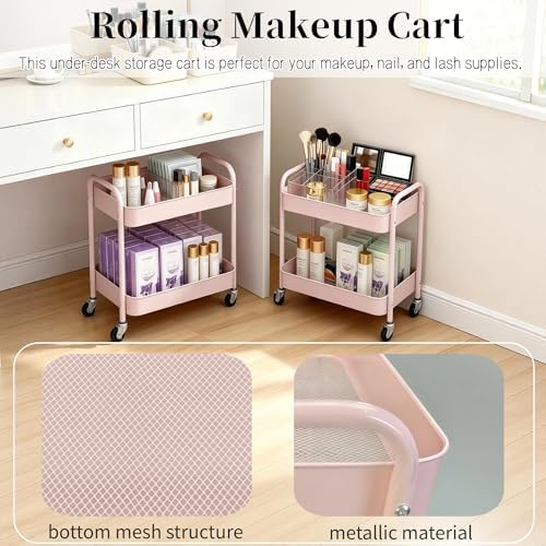 2 Tier Pink Rolling Cart with Wheels for Under Desk Storage, Large Capacity Rolling Pantry & Kitchen Storage Cart for Small Space, Sturdy Metal Bathroom Shelf Laundry Room Organization - Image 4