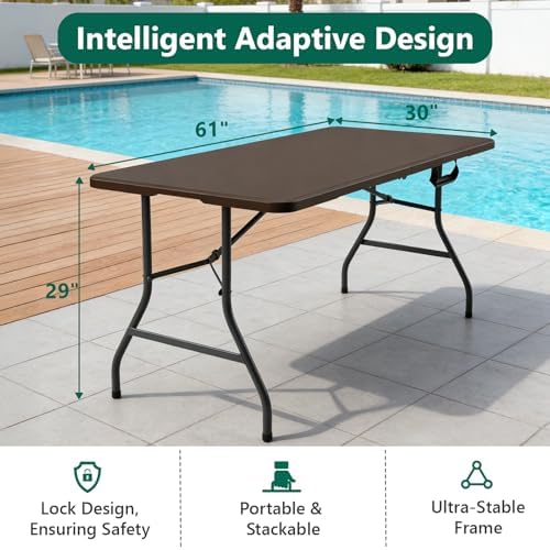Folding Table 5FT Heavy Duty Plastic Table with Handle, Foldable&Portable, Fold-in-Half Utility Tables for Outdoor, Dining, Wedding, Events, Indoor, Picnic, Camping, Party, Brown - Image 3