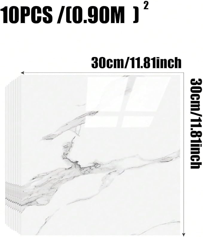 Chejiaye 10pcs Marble Peel and Stick Backsplash Waterproof Washroom Wall Panels, Peel and Stick Tile, PVC Foam Wall Panels for Kitchen,Bathroom,Living Room,White and Grey(Not Real Tile,11.8" x 11.8") - Image 4