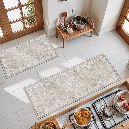 2-Piece Kitchen Runner Rug Set: Washable Non-Slip Floor Mats for Sink & Stove Cooking Area Soft Low Pile Water-Resistant Carpet for Dishwasher Fridge Fronts Durable Kitchen Island Mats(2x3+2x4,Beige) by HYHAOYUNLAI