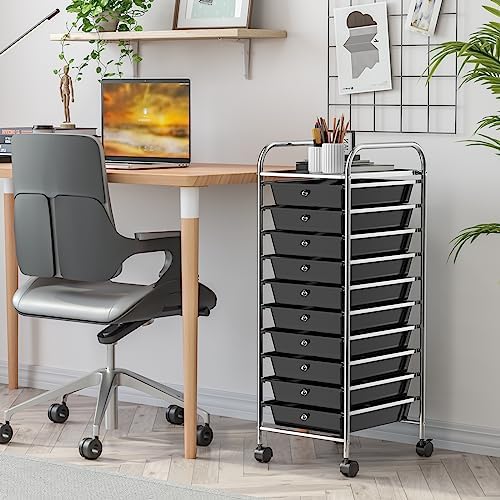 MEDIMALL 10 Drawers Rolling Storage Cart, Multipurpose Craft Storage Cart with Wheels, Mobile Tools Scrapbook Paper Organizer Cart for Office School Home Use (Black) - Image 2