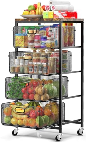 SUNALLY Kitchen Storage Cart with Drawers,Metal Snack Cart Organizer,Black by SUNALLY
