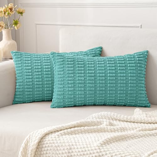 MIULEE Lumbar Corduroy Decorative Throw Pillow Covers 12x20 Aqua Green by MIULEE