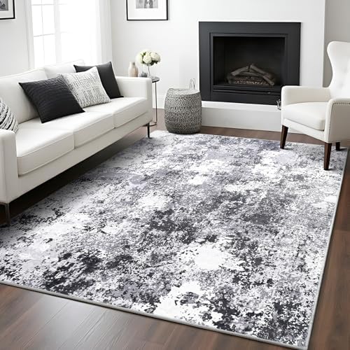 Modern Abstract 4x6 Rug, Soft Washable Area Rug for Bedroom, Non Slip Thin Foldable Low Pile Stain Resistant Carpet for Living Room Dining Room Home Office Decor, Black Grey White by Enqinar