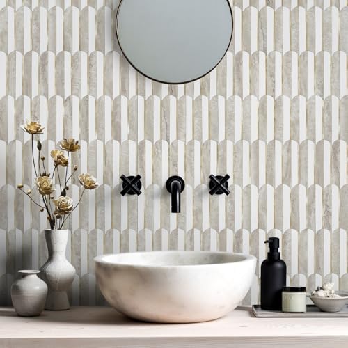 Vamos Peel and Stick Backsplash Seamless Tile for Kitchen and Bathroom,White and Beige Slate PVC Mixed Light Gold Self Adhesive Fish Scale Metal Mosaic Tiles (10 Sheets) - Image 5