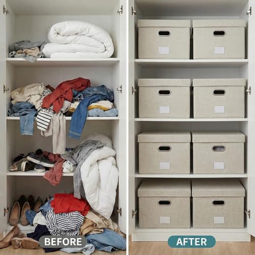 PRANDOM Storage Bins with Lids [3-Pack] Linen Fabric Foldable Storage Boxes Organizer Containers Baskets Cube with Cover for Bedroom Closet Office Beige (23.4X15.9X11.4) - Image 5