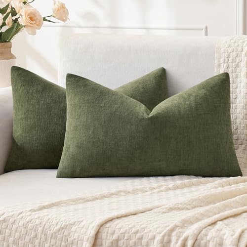 MIULEE Olive Green Chenille Couch Lumbar Throw Pillow Covers, 12x20 by MIULEE