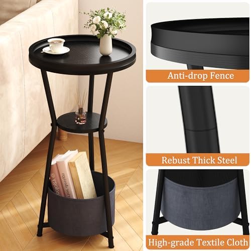 Yusong Round Side Table, Small Drink Table for Small Spaces, 3-Tier Industrial End Table, Accent Nightstand Bedside Table for Living Room, Bedroom, Sofa Couch, Black - Image 5