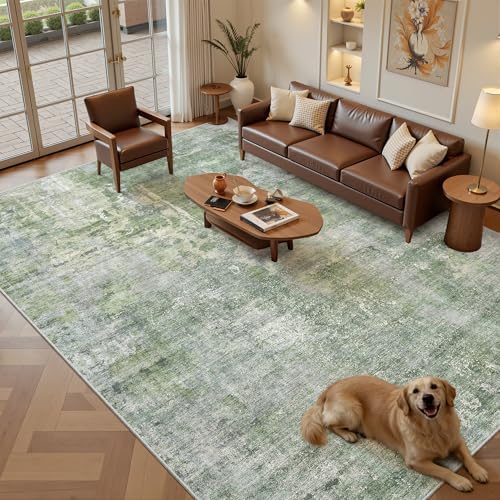 Soalmost Abstract 7x10 Area Rug for Living Room Washable Rugs Green/Ivory - Image 2