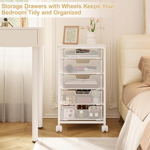 Sbanmao 5 Drawers Rolling Utility Cart, Storage Drawer Cart with Wooden Top, Rolling Storage Cart on Lockable Wheels, Metal Utility Cart & Craft Storage Cart for Bedroom, Classroom, Office, White - Image 6