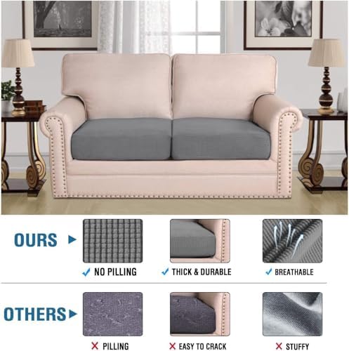 H.VERSAILTEX Super Stretch Individual Seat Cushion Covers Sofa Couch Slipcover Sets Thick Jacquard Textured Twill Fabric (2 Piece Medium Covers, Grey) - Image 2