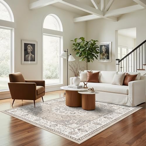Washable 5x5 Square Area Rugs: Indoor Non-Slip Entryway Kitchen Rugs Oriental Stain-Resistant Bathroom Laundry Floor Mat Water Resistant Light Weight Carpet for Living Room Bedroom Nursery(5x5,Beige) by HYHAOYUNLAI