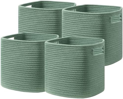 UBBCARE Set of 4 Storage Basket-13 X 13 X 13 In, Cotton Rope Basket for Shelves, Toys, Book, Cube Storage Bins with Handles, Woven Storage Basket for Organizing, Green by UBBCARE