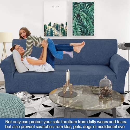YEMYHOM Couch Cover Latest Jacquard Design High Stretch Sofa Covers for 3 Cushion Couch, Pet Dog Cat Proof Slipcover Non Slip Magic Elastic Furniture Protector (Large, Begonia Leaf Navy) - Image 2